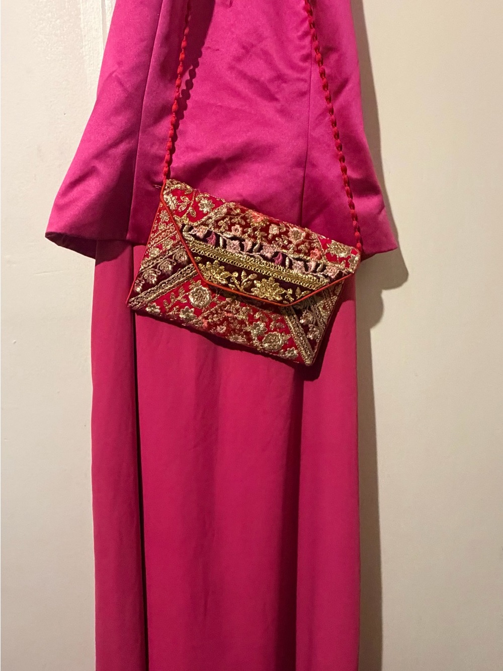 Embroidered Fuchsia David Bridal long dress plus Envelope pink Crossbody Bag.